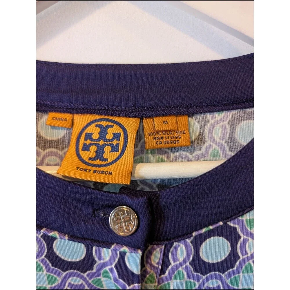 Tory Burch Silk Jersey Shift Dress Purple Teal Geometric Logo Button Mini Medium